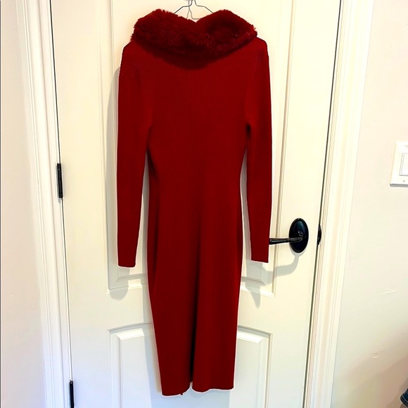 Red Ribbed Knit Duster Jacket  with Faux Fur Collar - Picture 4 of 6